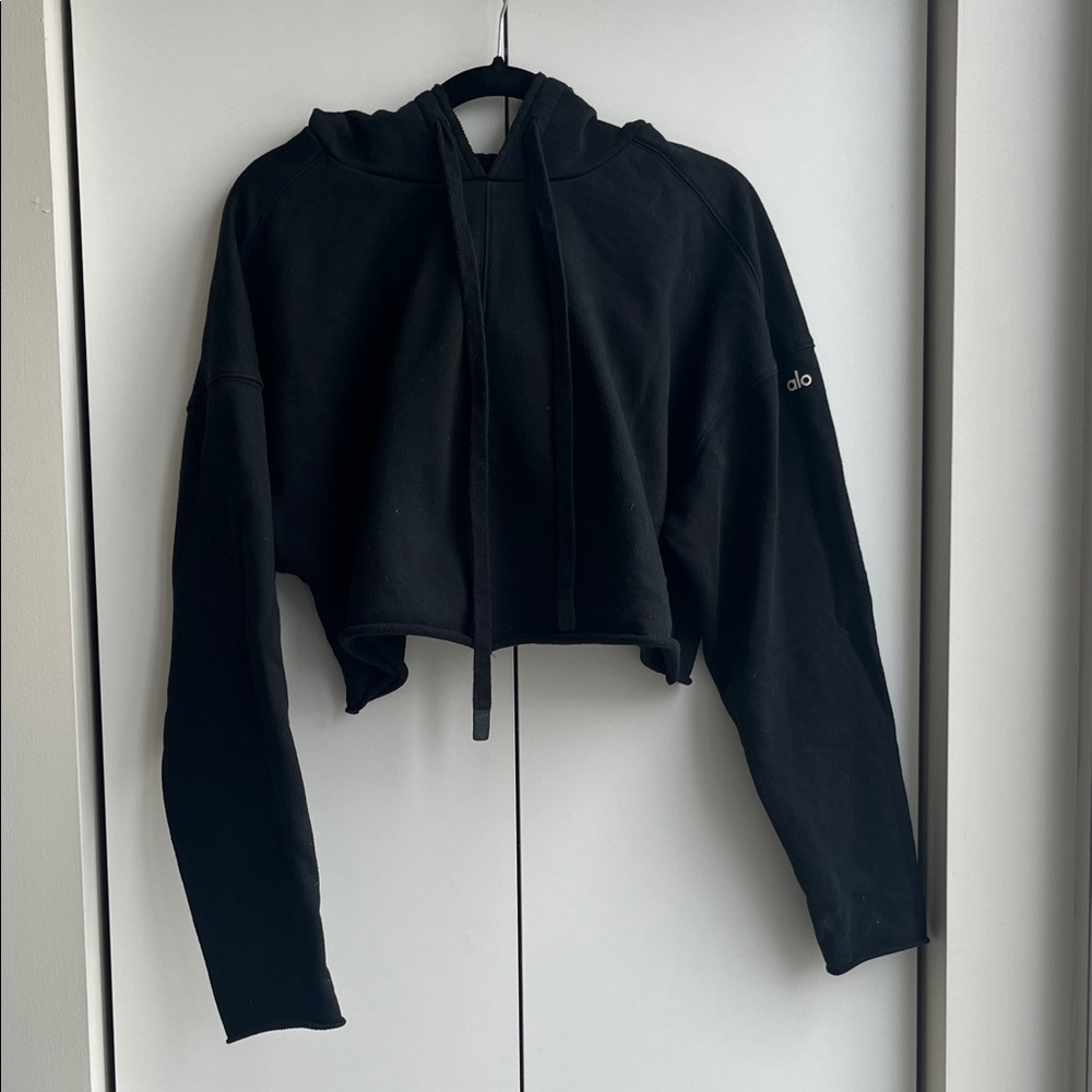 ALO Yoga Black Oversized Cropped Hoodie with Drawstring